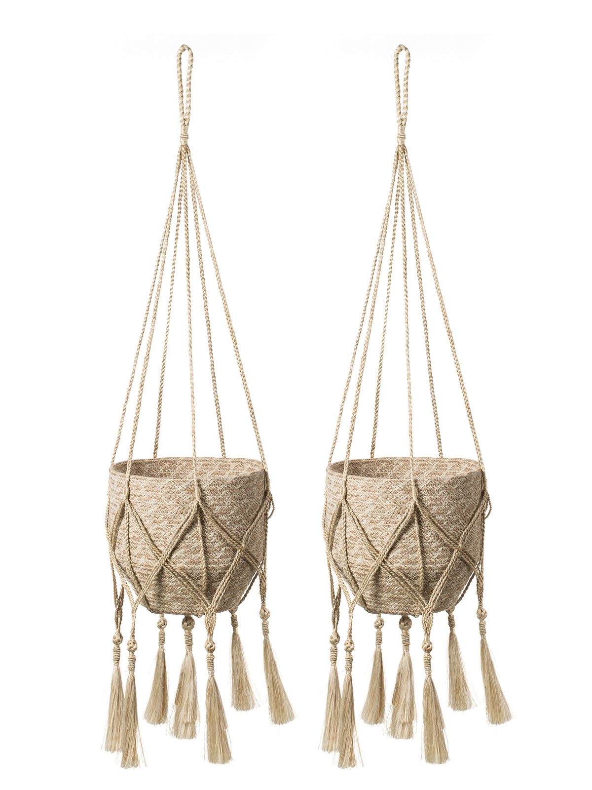 Two beige bitan plant hangers