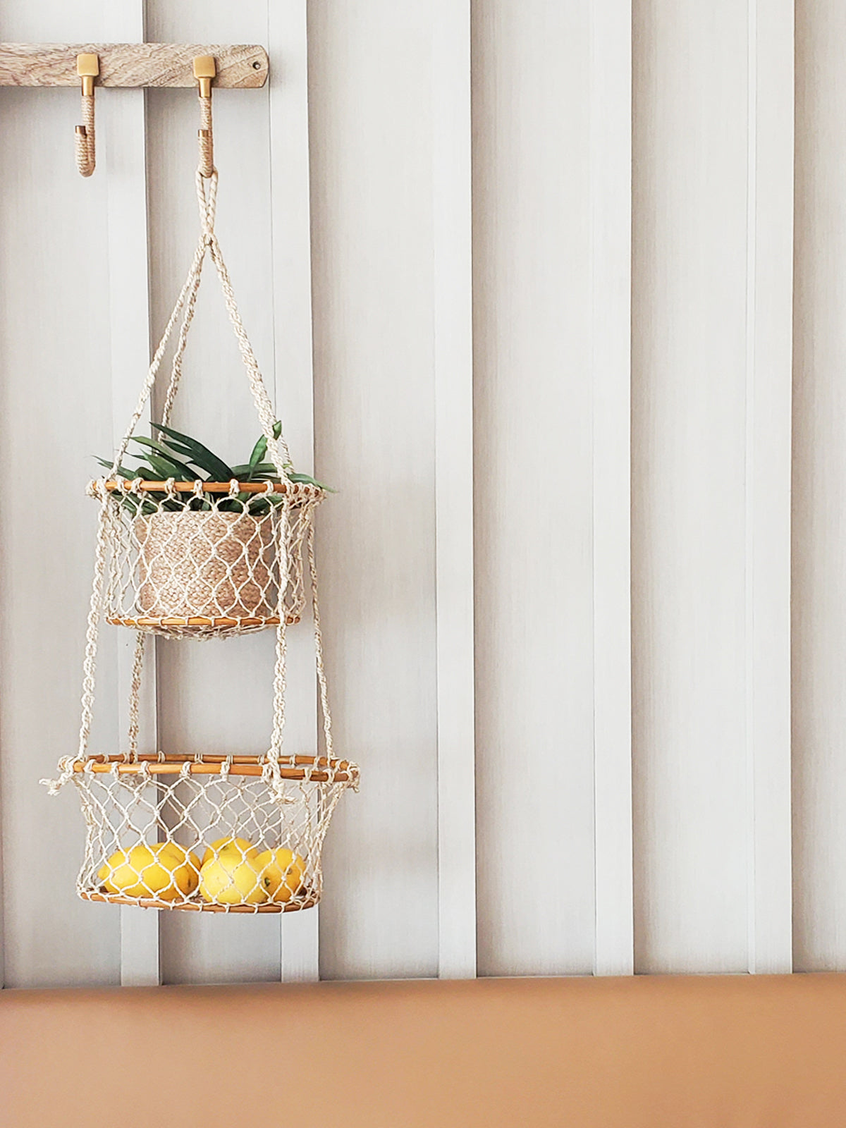 Jhuri Double Hanging Basket with a plant and lemons against a striped wall