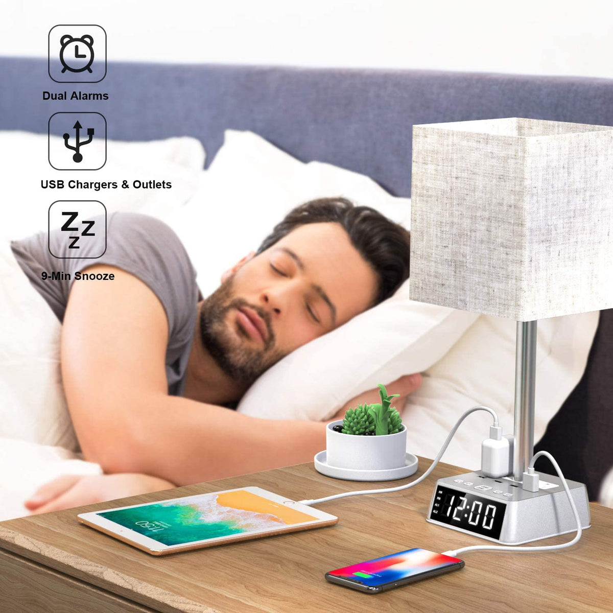 Table lamp with USB ports and outlets